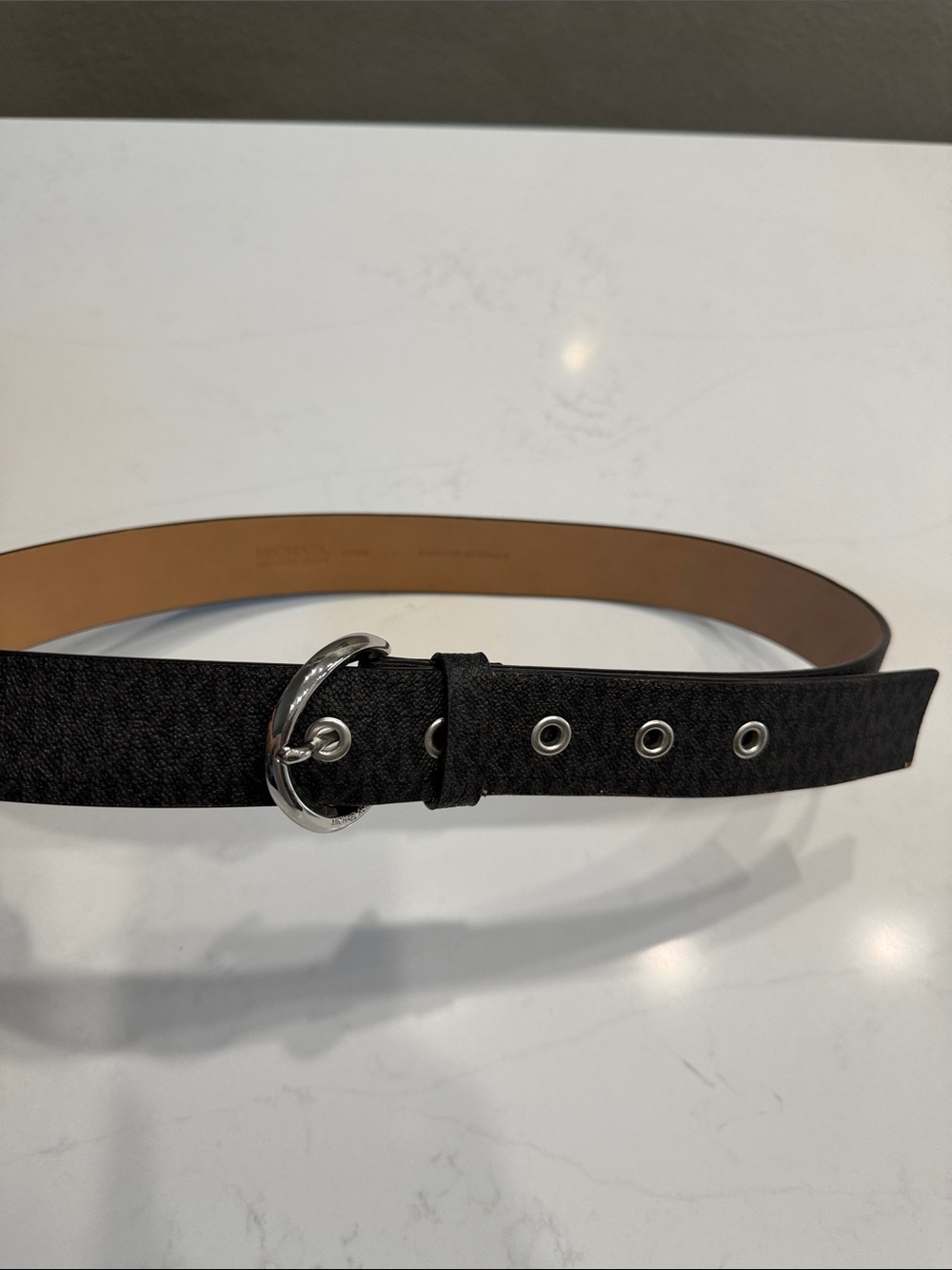 MICHAEL Michael Kors Black Logo-Print Belt with Silver Ring Buckle